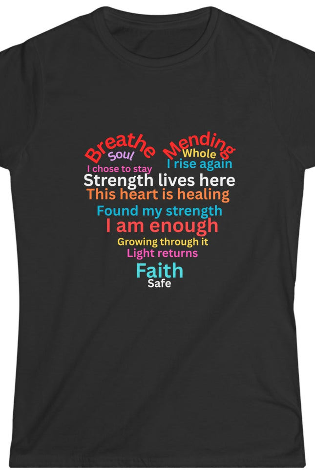 Black t-shirt with colorful motivational suicide prevention text design shaped in a heart on a white background