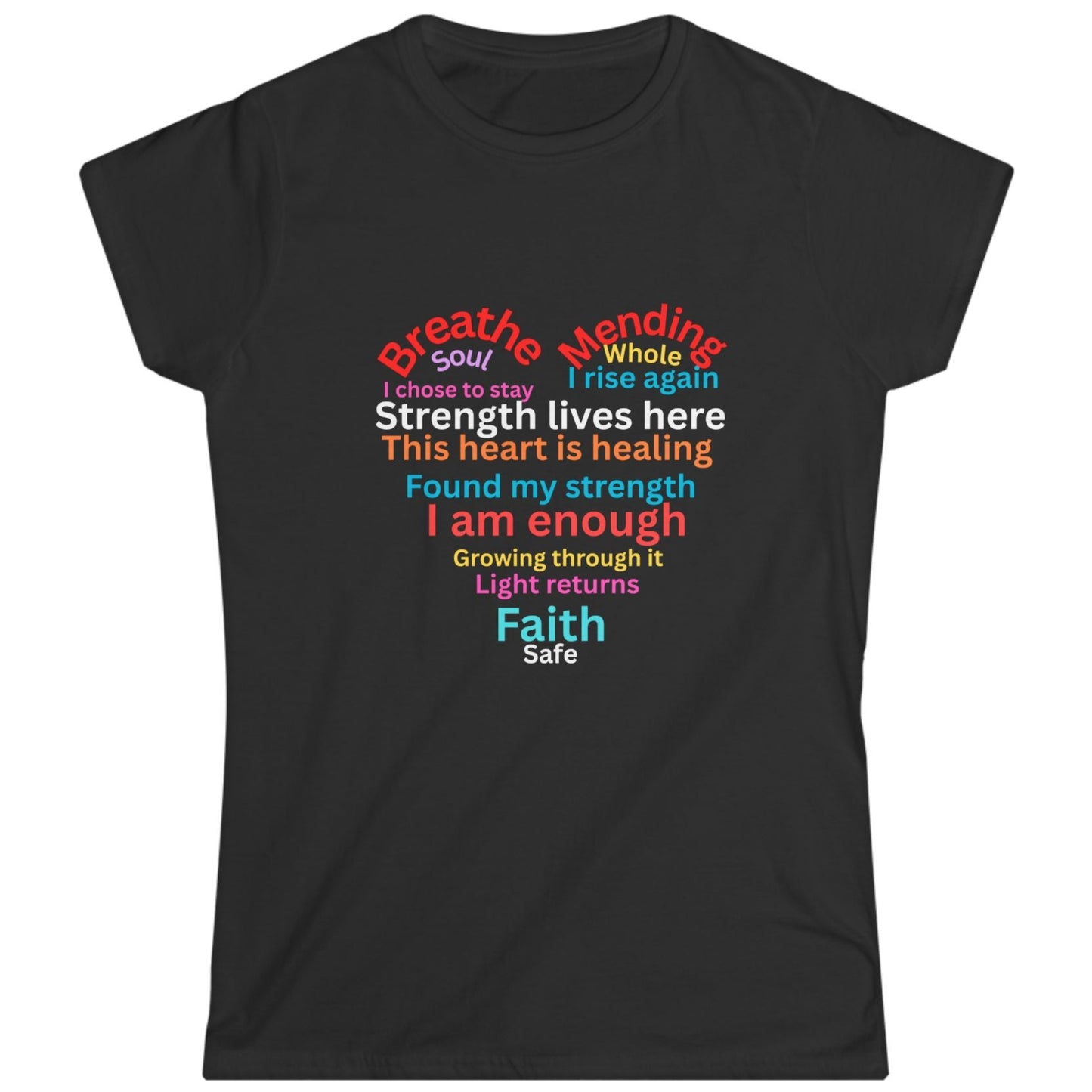 Black t-shirt with colorful motivational suicide prevention text design shaped in a heart on a white background