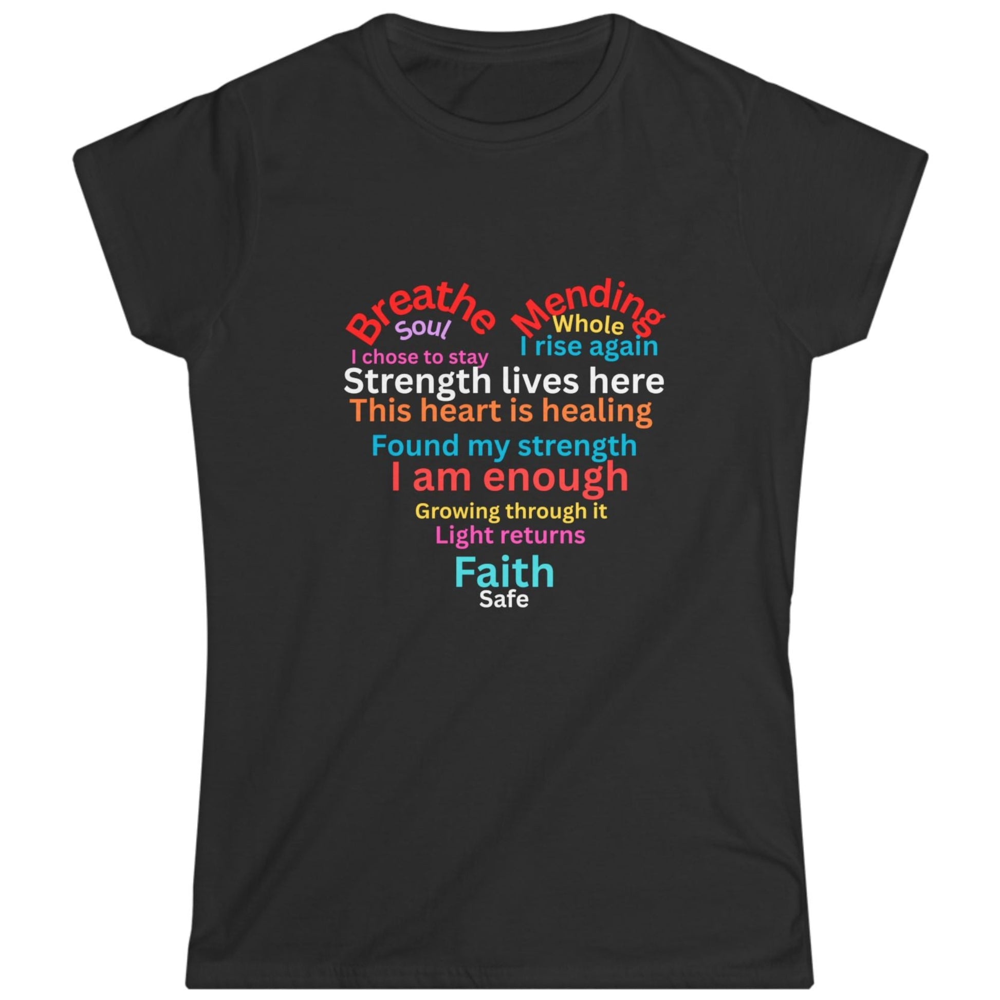 Black t-shirt with colorful motivational suicide prevention text design shaped in a heart on a white background