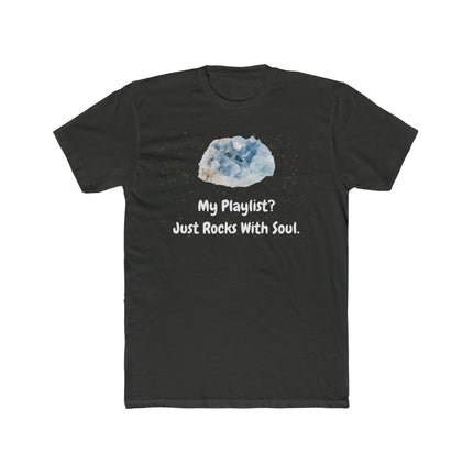 Black t-shirt with a graphic of a rock and text on a white background