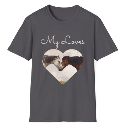 Gray T-shirt with words My Loves.  Below the words are two horses in a heart shape.