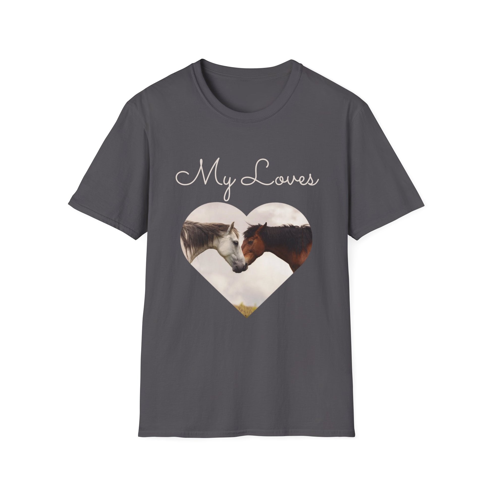 Gray T-shirt with words My Loves.  Below the words are two horses in a heart shape.