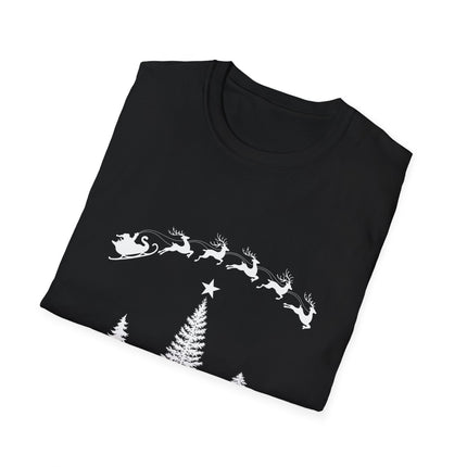 Folded black t-shirt with Santa's sleigh and reindeer flying over an evergreen tree with a star.  White background.