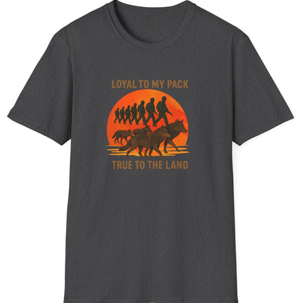 Dark Gray t-shirt with graphic design of soldiers and wolves. Text states Loyal to my Pack, True to the Land. 