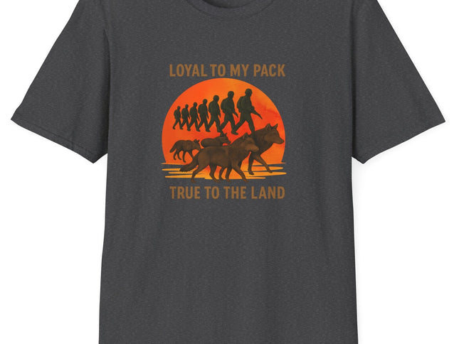 Dark Gray t-shirt with graphic design of soldiers and wolves. Text states Loyal to my Pack, True to the Land. 