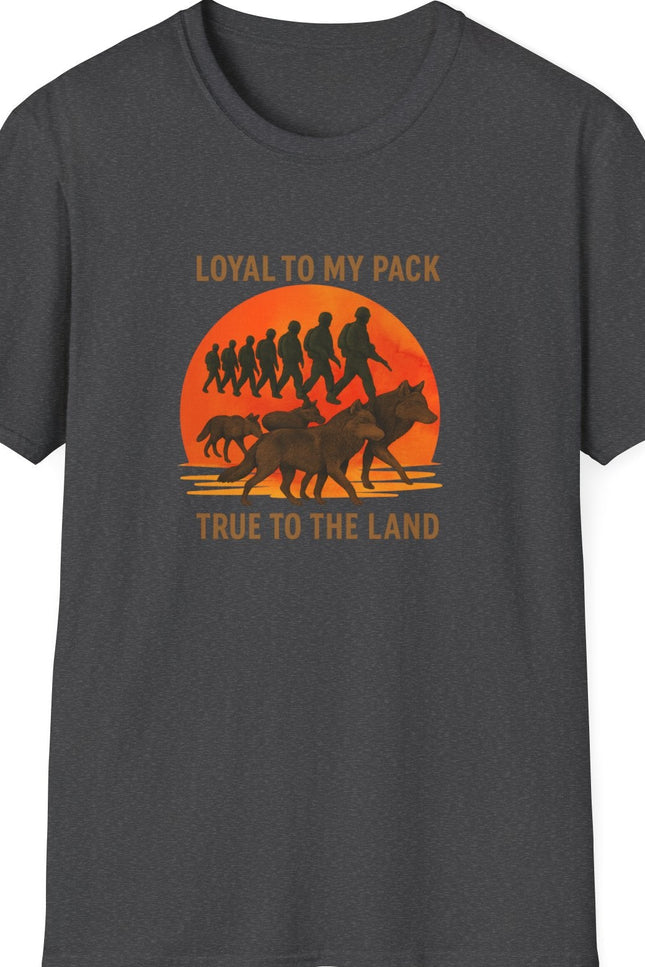 Dark Gray t-shirt with graphic design of soldiers and wolves. Text states Loyal to my Pack, True to the Land. 