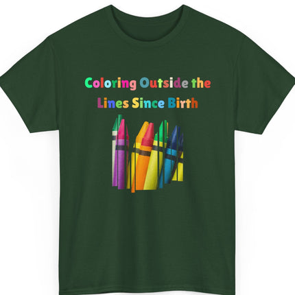 Green t-shirt with colorful crayons and text on a white background