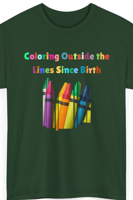 Green t-shirt with colorful crayons and text on a white background