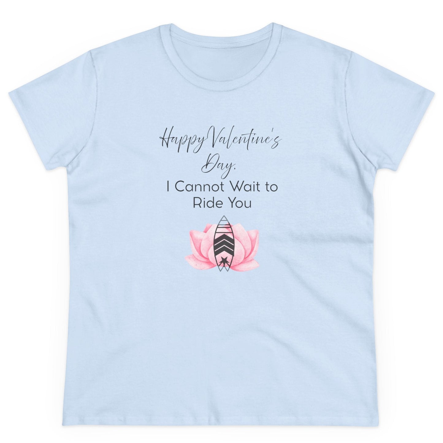 Light blue t-shirt with Valentine's Day design featuring a pink flower and surfboard on a white background