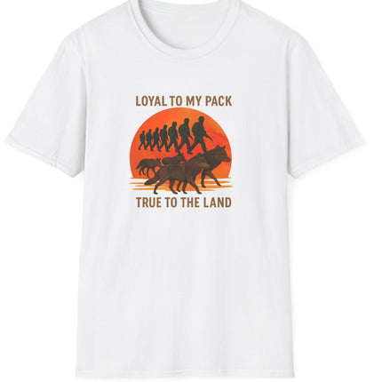 White t-shirt with graphic design of soldiers and wolves. Text states Loyal to my Pack, True to the Land. 