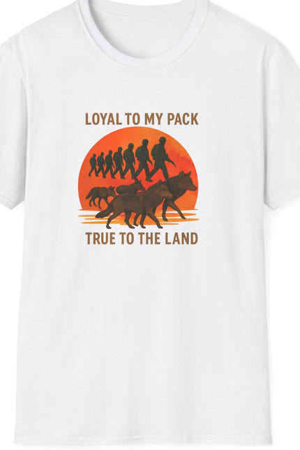 White t-shirt with graphic design of soldiers and wolves. Text states Loyal to my Pack, True to the Land. 
