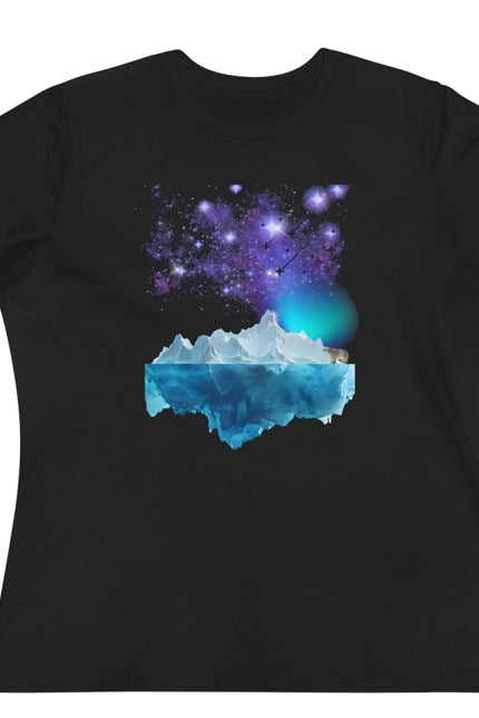 Black t-shirt with a cosmic design featuring a blue planet and starry sky on a white background