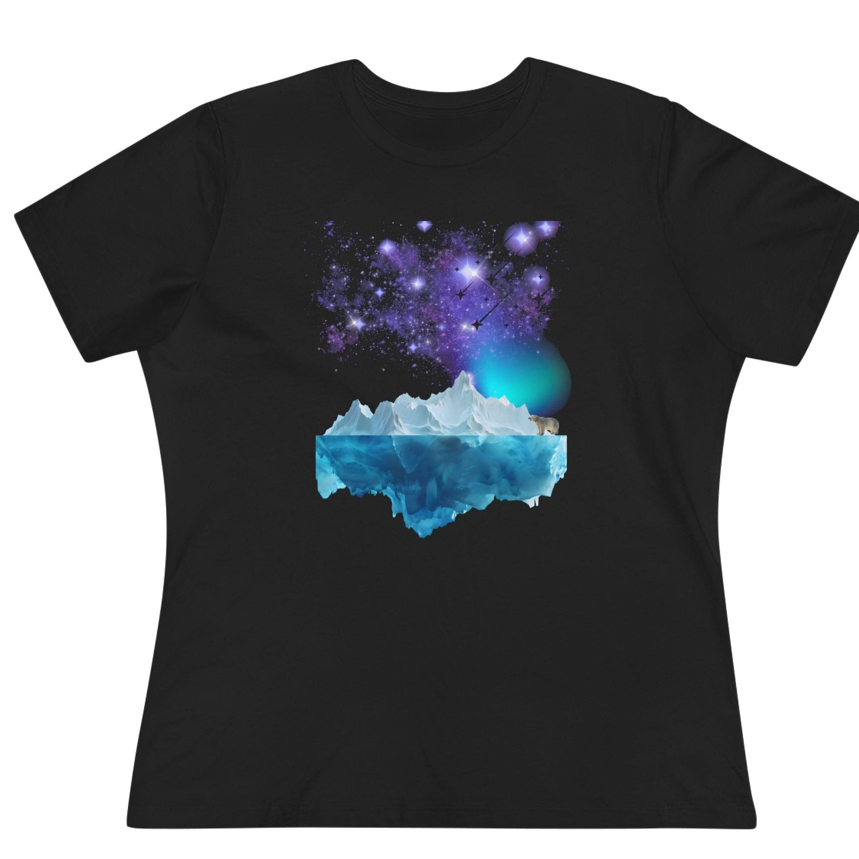 Black t-shirt with a cosmic design featuring a blue planet and starry sky on a white background