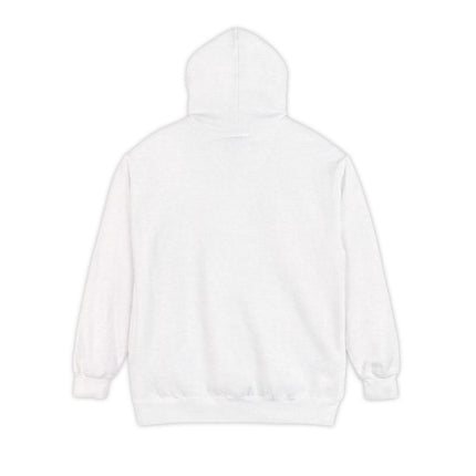Plain back of white hoodie on white background.