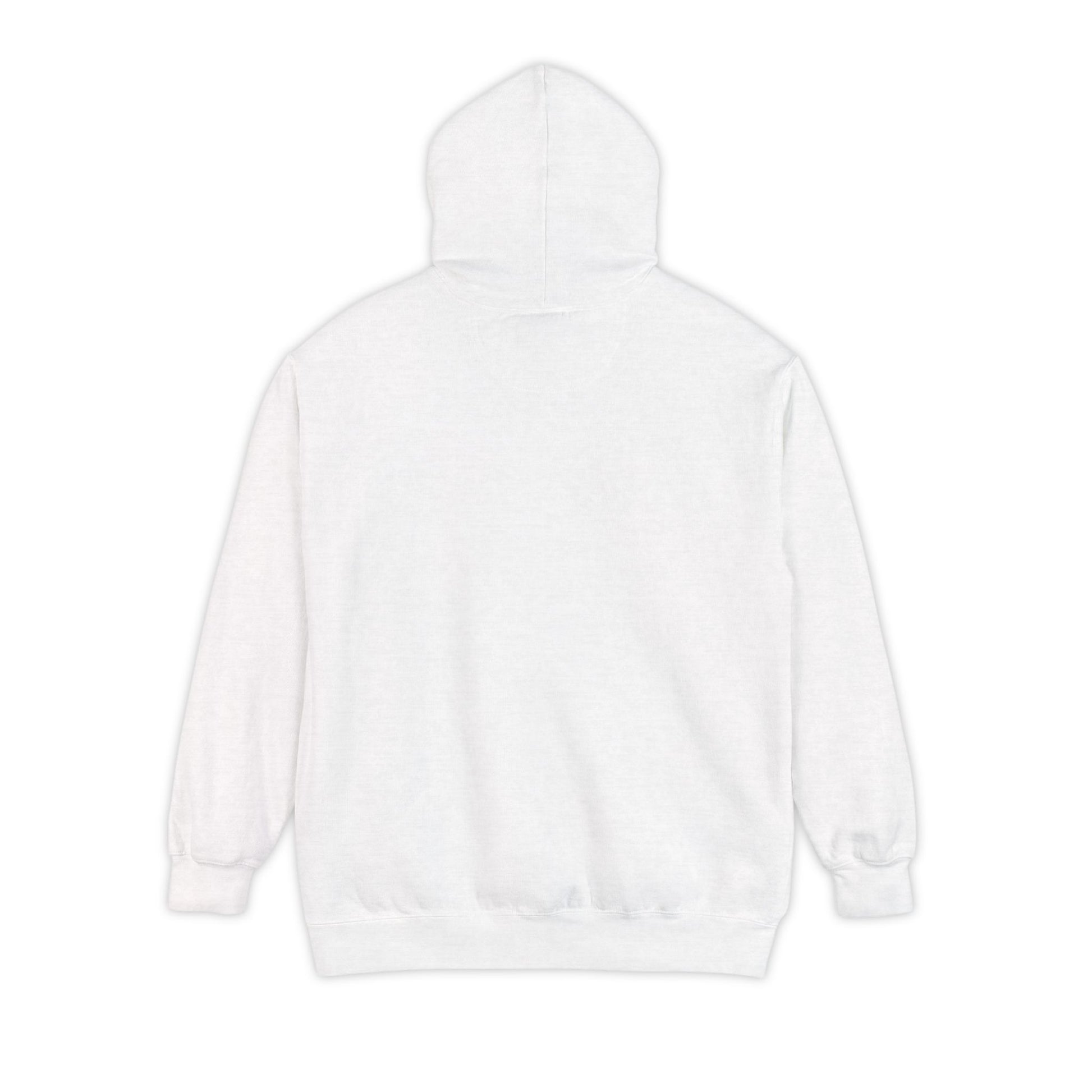 Plain back of white hoodie on white background.