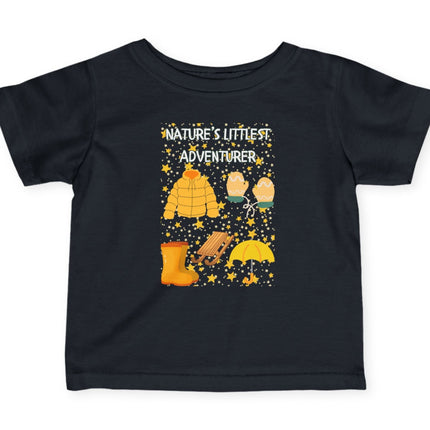 Black t-shirt with 'Nature's Little Adventurer' design featuring a tent, lantern, and boots on a white background.