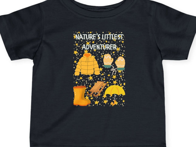 Black t-shirt with 'Nature's Little Adventurer' design featuring a tent, lantern, and boots on a white background.