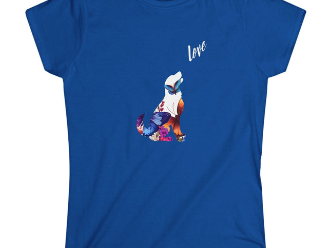 Blue t-shirt with a colorful dog design and 'Love' text on a white background