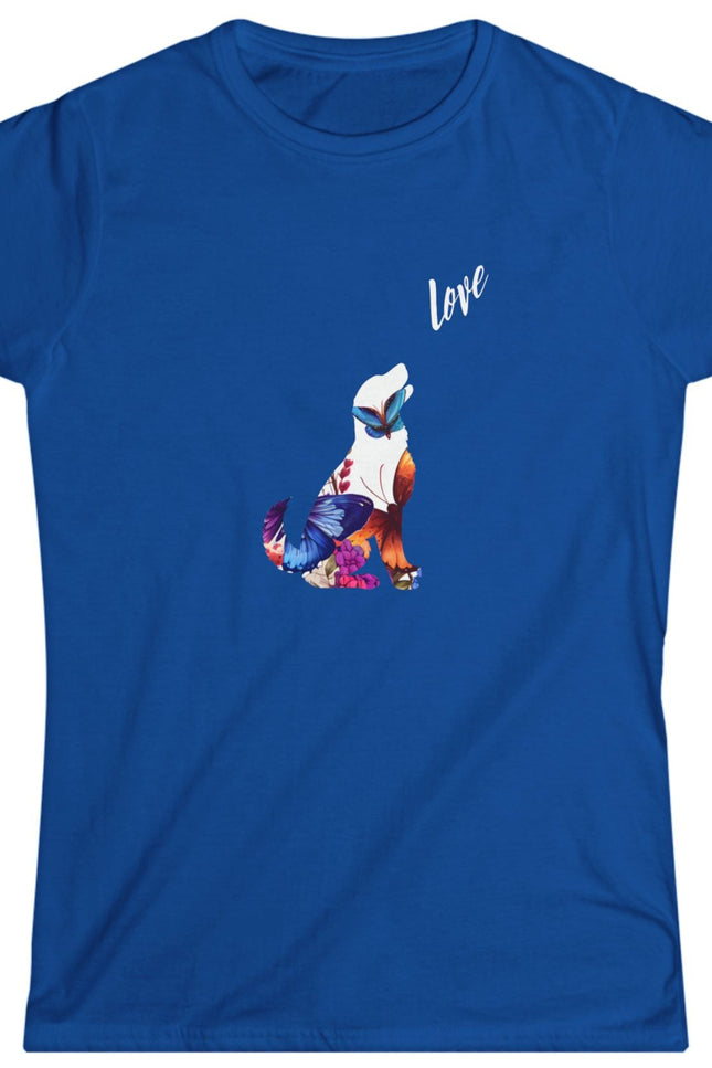 Blue t-shirt with a colorful dog design and 'Love' text on a white background