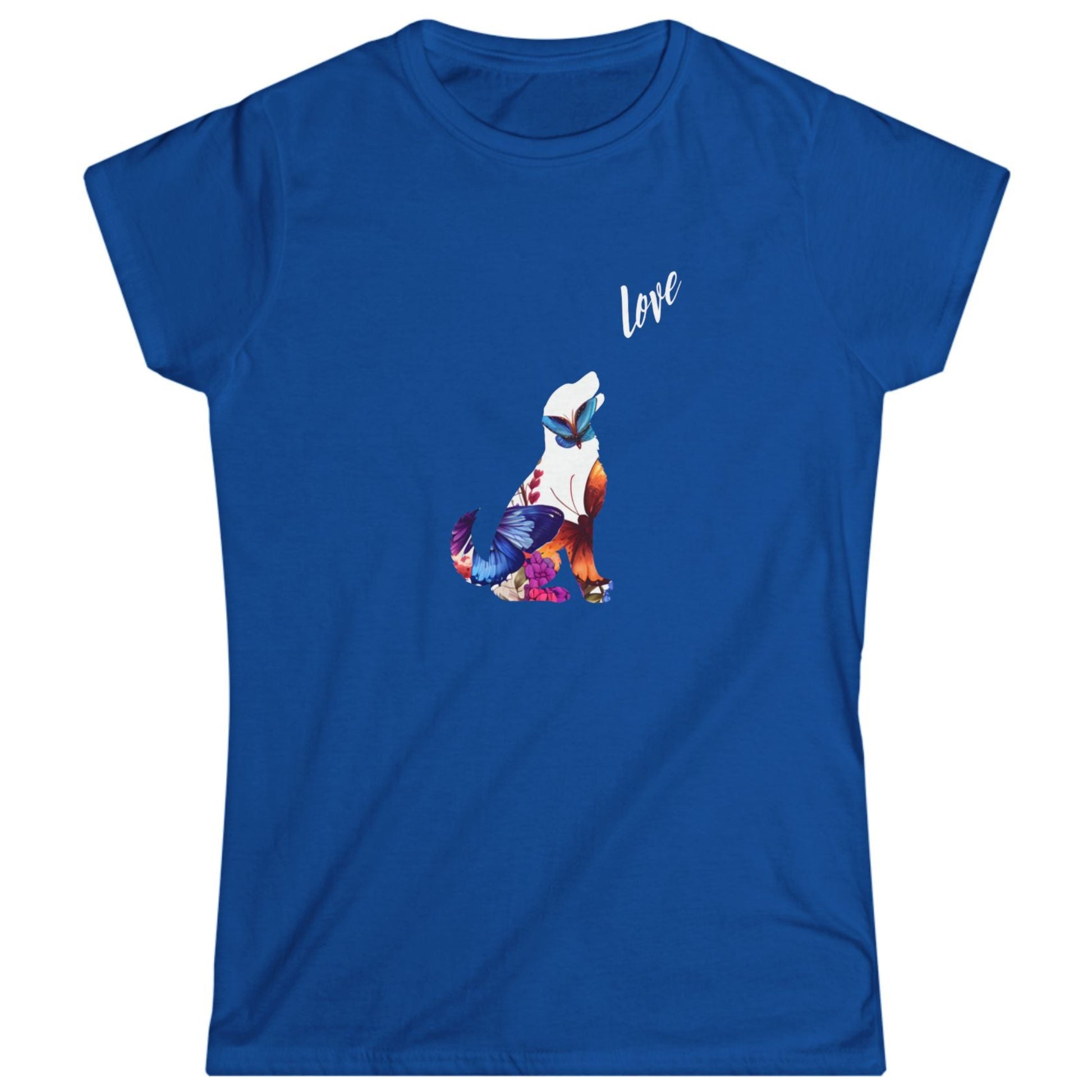 Blue t-shirt with a colorful dog design and 'Love' text on a white background