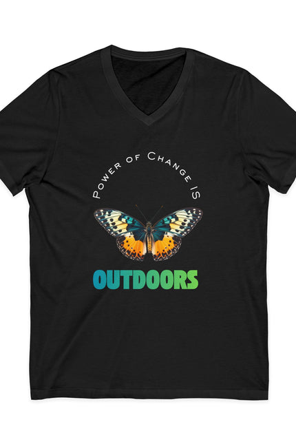 Black t-shirt with a butterfly graphic and text on a white background