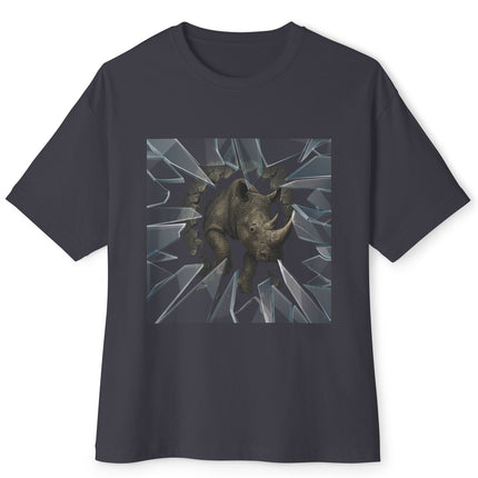 Blackish gray  t-shirt with a graphic design of a rhino breaking through glass on a white background
