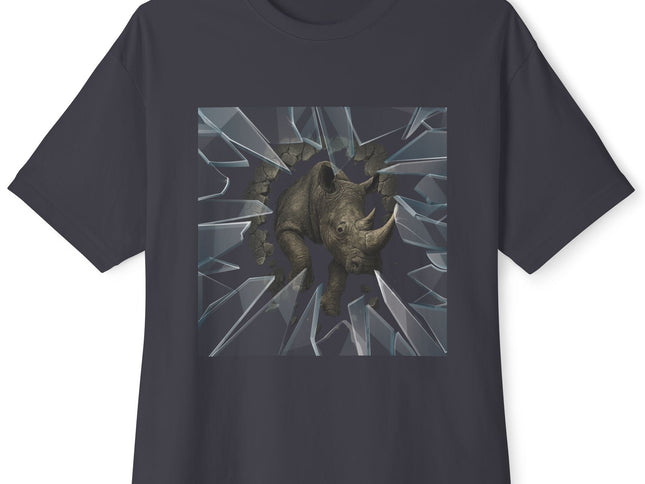 Blackish gray  t-shirt with a graphic design of a rhino breaking through glass on a white background