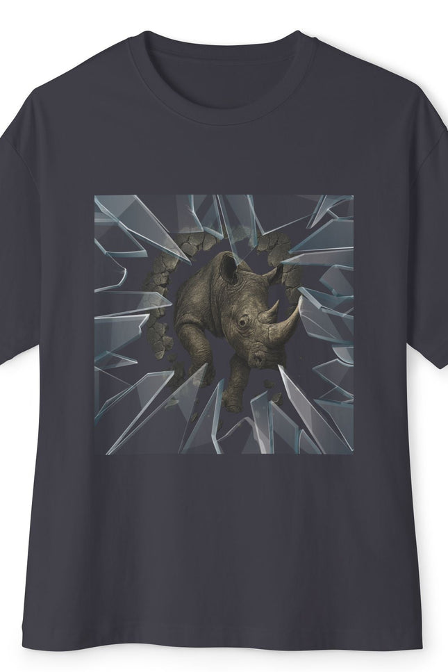 Blackish gray  t-shirt with a graphic design of a rhino breaking through glass on a white background