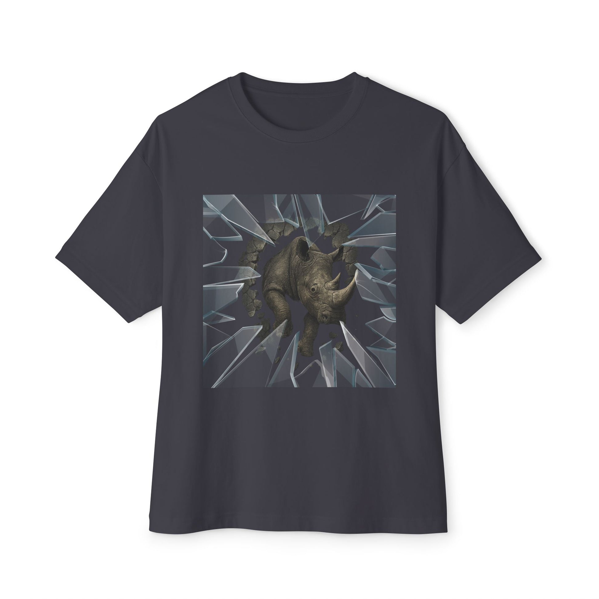 Blackish gray  t-shirt with a graphic design of a rhino breaking through glass on a white background