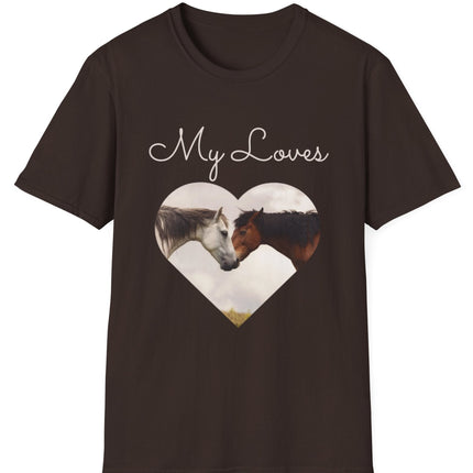 Brown T-shirt with words My Loves.  Below the words are two horses in a heart shape.