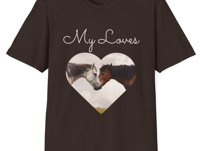 Brown T-shirt with words My Loves.  Below the words are two horses in a heart shape.
