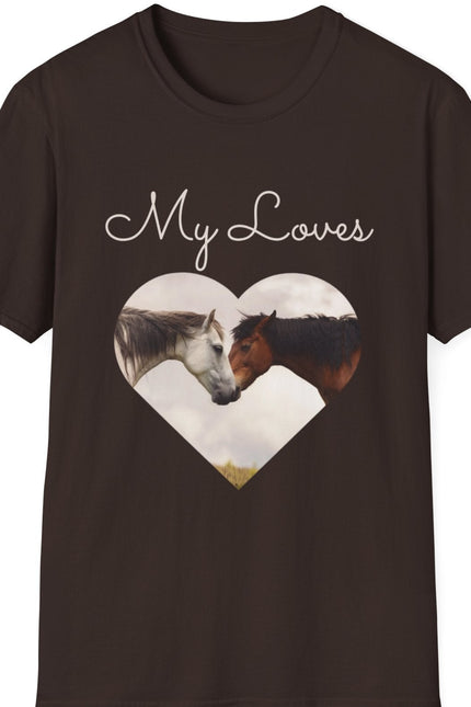 Brown T-shirt with words My Loves.  Below the words are two horses in a heart shape.