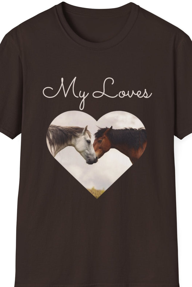 Brown T-shirt with words My Loves.  Below the words are two horses in a heart shape.