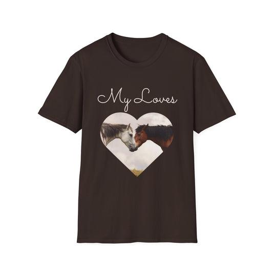 Brown T-shirt with words My Loves.  Below the words are two horses in a heart shape.