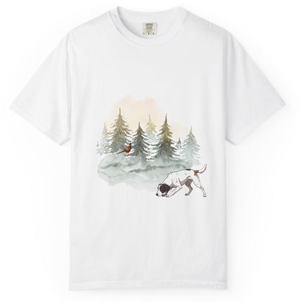 White t-shirt with a graphic of a dog and trees on a white background. Pheasant near freshly covered evergreens.  Watercolor vibe.