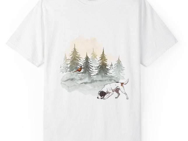 White t-shirt with a graphic of a dog and trees on a white background. Pheasant near freshly covered evergreens.  Watercolor vibe.