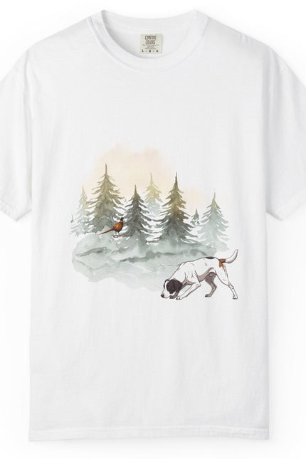 White t-shirt with a graphic of a dog and trees on a white background. Pheasant near freshly covered evergreens.  Watercolor vibe.