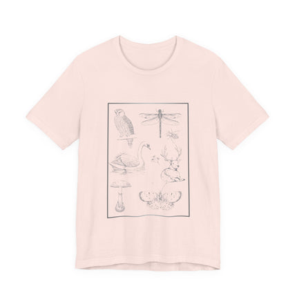 A light pink short-sleeve crewneck t-shirt featuring a black line art graphic of various nature illustrations (owl, dragonfly, swan, deer, mushroom, butterfly) arranged inside a thin rectangular border on the chest.