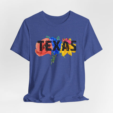 Blue t-shirt with 'TEXAS' graphic design on a white background