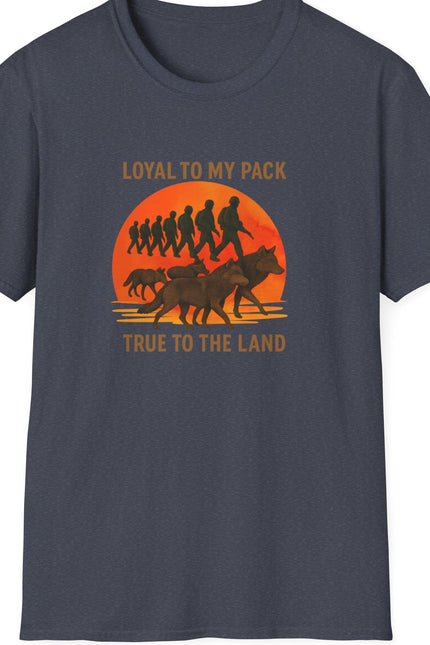 Heather Navy t-shirt with graphic design of soldiers and wolves. Text states Loyal to my Pack, True to the Land. 
