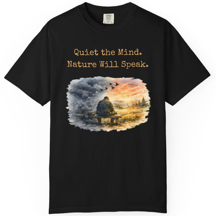 Black t-shirt with a veteran, nature-themed graphic and text on a white background