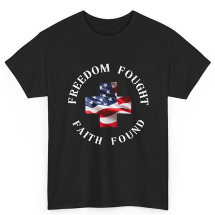 Black t-shirt with American flag and text design on a white background