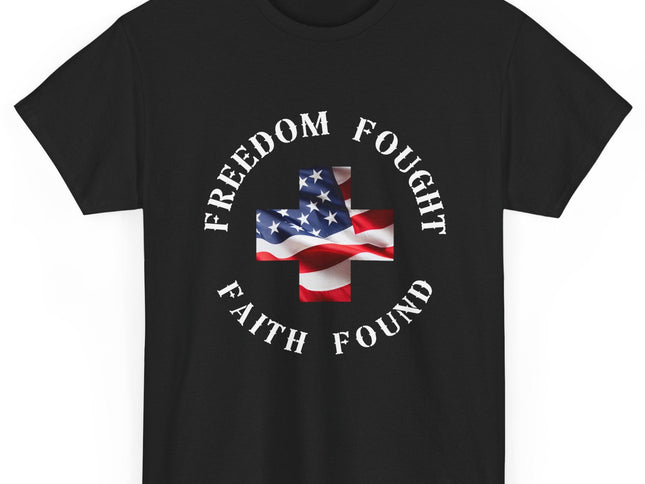Black t-shirt with American flag and text design on a white background