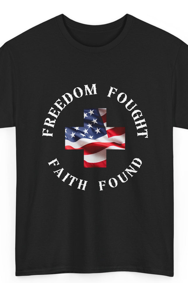 Black t-shirt with American flag and text design on a white background