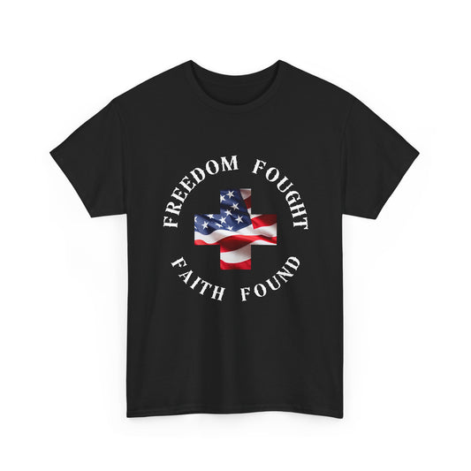Black t-shirt with American flag and text design on a white background