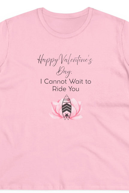 Pink t-shirt with Valentine's Day text and graphic on a white background