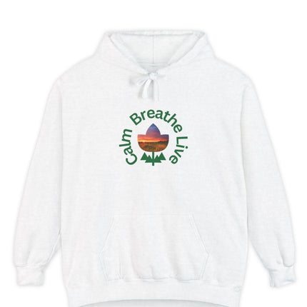 White hoodie with 'Calm Breathe Live' text and landscape graphic on a white background