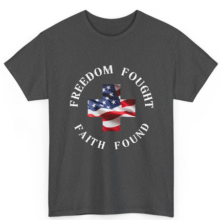 Dark gray t-shirt with American flag and text design on a white background