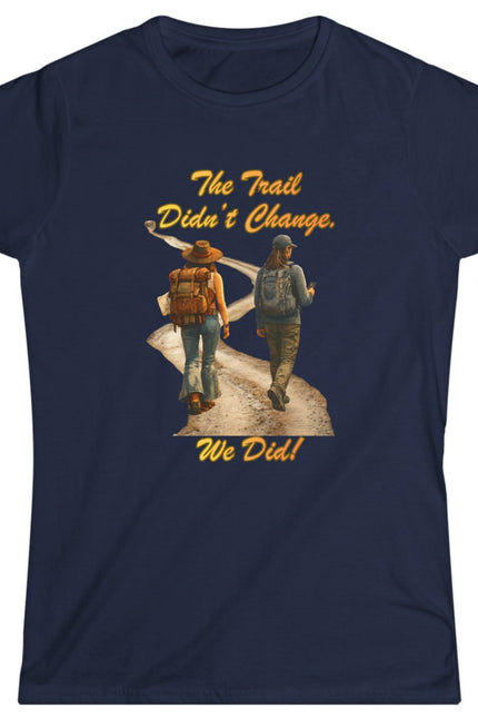 Navy blue t-shirt with graphic design of two people walking and text on a white background