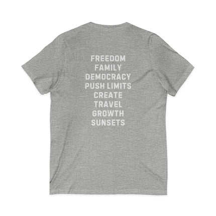 Inspiration Words V-Neck Unisex Tee — Pre and Post Retirement Motivational T-Shirt (Education • Family • Freedom)